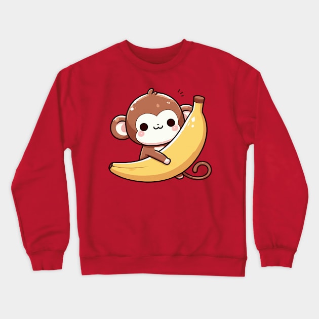 cute little monkey hugging a banana Crewneck Sweatshirt by fikriamrullah